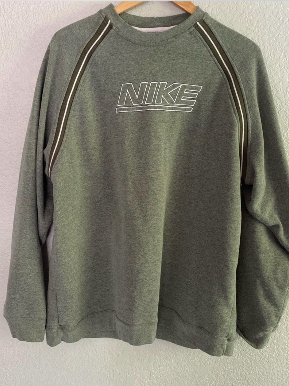 Nike Men's Olive Crewneck Sweatshirt with Contrast Stripes